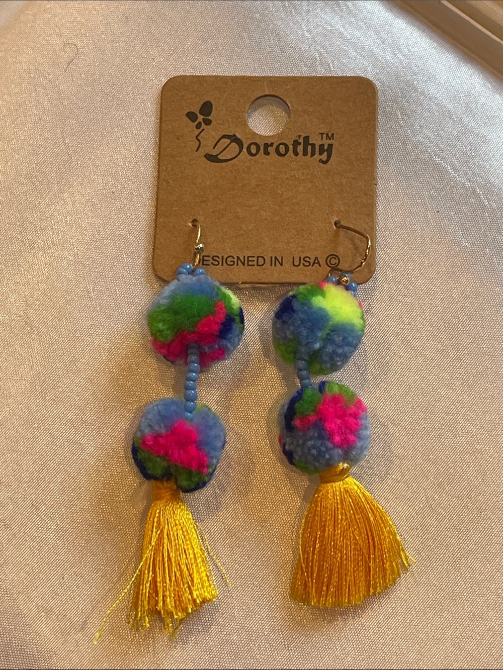 Artisan Multicolor Pom Pom Tassel Earrings - Blue, Pink, Green, Yellow